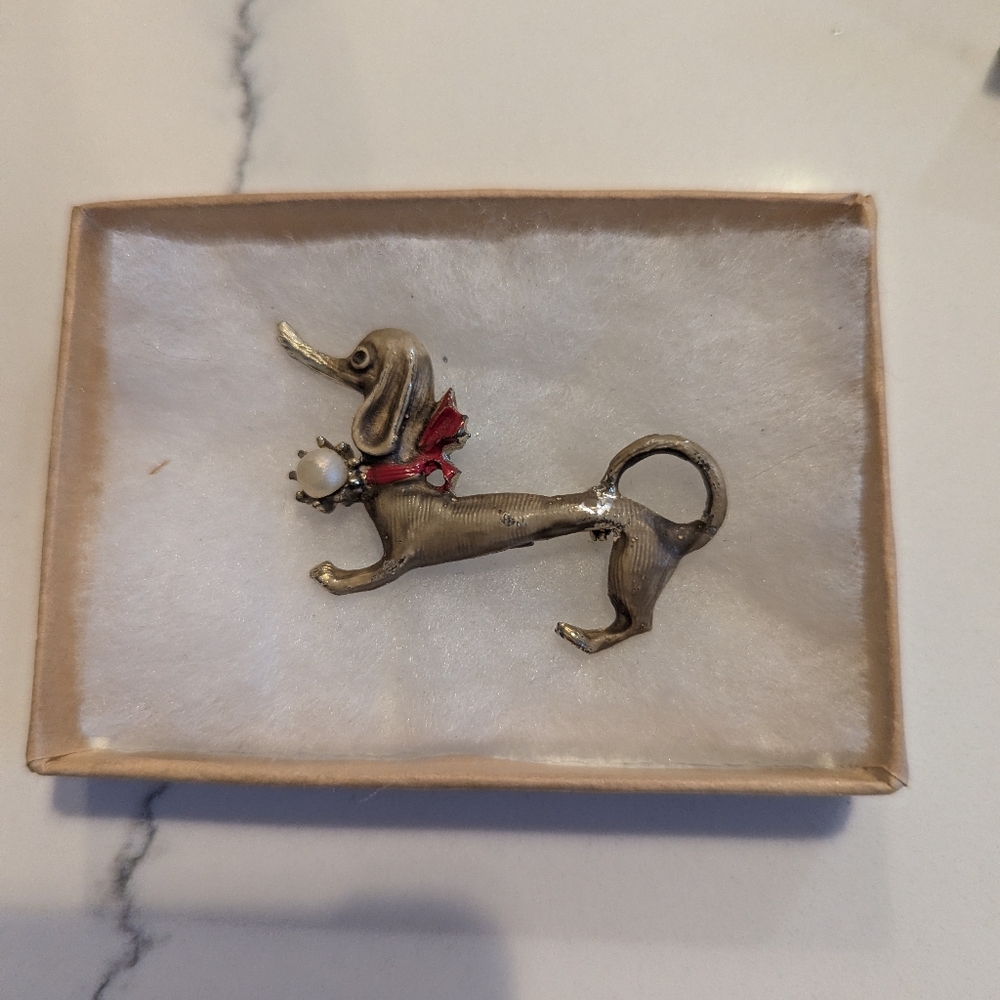 Vintage Dachshund Brooch with Pearl And Red Accents
